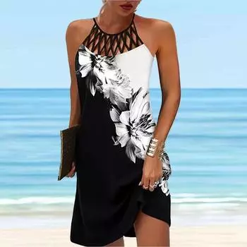 Летнее модное сексуальное платье без рукавов. Мягкое повседневное 3D черно-белое платье с цветочным принтом. Платье без рукавов. Летнее платье на подтяжках. XS чёрный