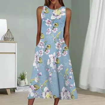 Летнее модное сексуальное платье без рукавов, мягкое повседневное платье с принтом орхидеи в формате 3D, платье без рукавов на бретельках XS синий