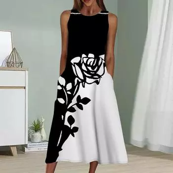 Летнее модное сексуальное платье без рукавов, мягкое повседневное платье с принтом 3D черно-белых роз, платье без рукавов на бретельках XS белый