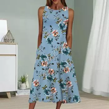 Летнее модное сексуальное платье без рукавов, мягкое повседневное платье с принтом камелии в формате 3D, платье без рукавов на бретельках XS синий