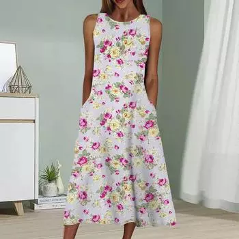 Летнее модное сексуальное платье без рукавов, мягкое повседневное платье с принтом в виде двух цветов розы, платье без рукавов на бретельках XS синий