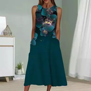 Летнее модное сексуальное платье без рукавов Мягкое повседневное платье с принтом листьев гинкго 3D Платье без рукавов на бретельках XS синий