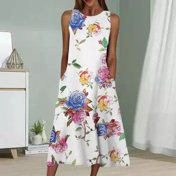 Летнее модное сексуальное платье без рукавов, мягкое повседневное платье с принтом в виде цветной розы, платье без рукавов на бретельках XS синий