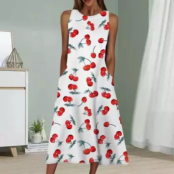 Летнее модное сексуальное платье без рукавов, мягкое повседневное платье с принтом вишни 3D, платье без рукавов на бретельках XS белый