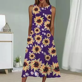 Летнее модное сексуальное платье без рукавов Мягкое повседневное платье с принтом 3D Sun Flower Платье без рукавов на бретельках XS фиолетовый