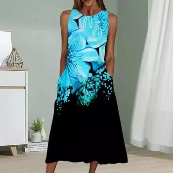 Летнее модное сексуальное платье без рукавов мягкое повседневное платье с принтом больших синих цветов 3D без рукавов платье на бретельках XS синий
