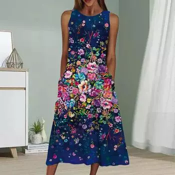 Летнее модное сексуальное платье без рукавов, мягкое повседневное платье с принтом 3D Broken Flowers, платье без рукавов на бретельках XS синий