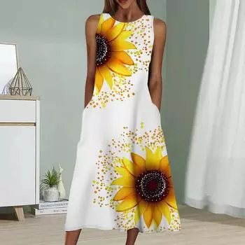 Летнее модное сексуальное платье без рукавов, мягкое повседневное платье с принтом 3D-подсолнухов, платье без рукавов на бретельках XS белый