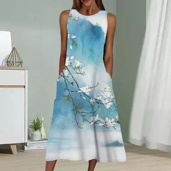 Летнее модное сексуальное платье без рукавов Мягкое повседневное платье с принтом 3D-пейзажа Платье без рукавов на бретельках XS синий