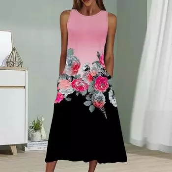 Летнее модное сексуальное платье без рукавов, мягкое повседневное платье с 3D-градиентным принтом розовых роз, платье без рукавов на бретельках XS синий
