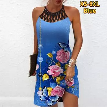 Летнее модное сексуальное платье без рукавов, мягкое повседневное платье с 3D цветочным принтом, платье на бретельках без рукавов, летнее платье на подтяжках XS синий