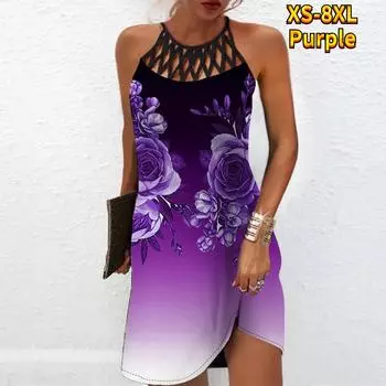 Летнее модное сексуальное платье без рукавов, мягкое повседневное платье с 3D симметричным цветочным принтом, платье на бретельках без рукавов, летнее платье на подтяжках XS фиолетовый