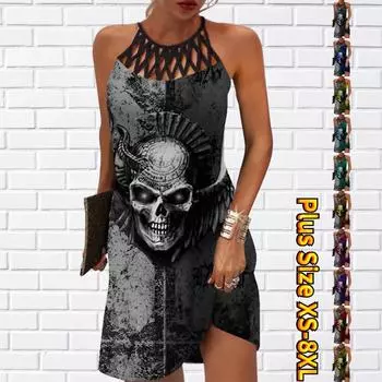 Летнее модное сексуальное платье без рукавов, мягкое повседневное 3D черное платье с принтом черепа, платье на бретельках без рукавов, летнее платье на подтяжках 7XL чёрный