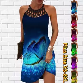 Летнее модное сексуальное платье без рукавов, мягкое повседневное 3D синее платье с принтом бабочки, платье на бретельках без рукавов, летнее платье на подтяжках XS синий