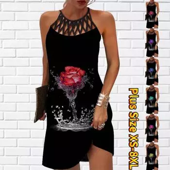 Летнее модное сексуальное платье без рукавов, мягкое повседневное платье с 3D принтом розы на воде, платье на бретельках без рукавов, летнее платье на подтяжках XS красный