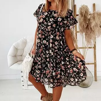 Летнее модное сексуальное плиссированное платье с коротким рукавом и круглым вырезом в европейском и американском стиле, женское повседневное платье XL чёрный