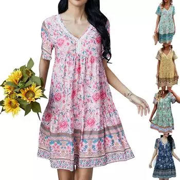 Летнее модное свободное элегантное платье в стиле ретро с принтом