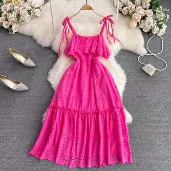 Летнее модное темпераментное свободное платье трапециевидной формы с полым вырезом, элегантное платье на подтяжках