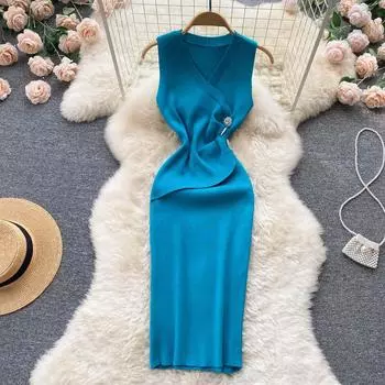 Летнее модное утягивающее трикотажное платье без рукавов с v-образным вырезом и запахом на талии и бедрах One Size зелёный