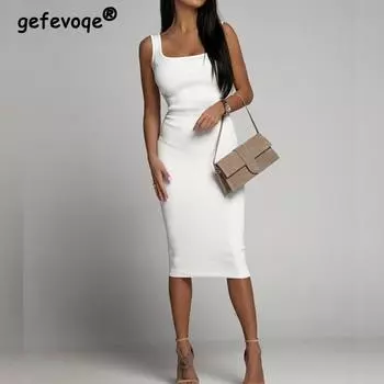 Летнее модное вязаное в рубчик простое черно-белое облегающее клубное платье без рукавов, базовое платье миди для женщин, повседневные элегантные сексуальные женские платья S белый