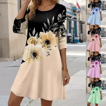 Летнее модное женское платье, повседневное платье с круглым вырезом и длинными рукавами, пляжное праздничное свободное платье больших размеров S розовый