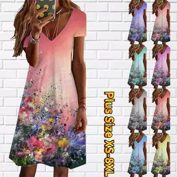 Летнее модное женское платье с V-образным вырезом и коротким рукавом, сто цветов изнутри, сексуальное платье с принтом XS синий