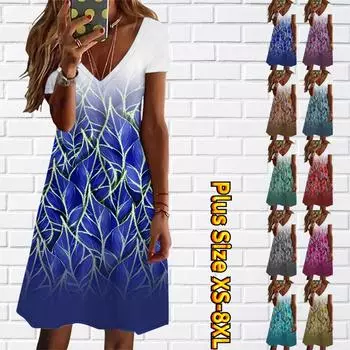 Летнее модное женское платье с V-образным вырезом и коротким рукавом с пышным принтом листвы, сексуальное платье 7XL синий