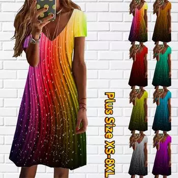 Летнее модное женское платье с v-образным вырезом и коротким рукавом в радужную полоску, сверкающее платье с принтом звезд, секс-платье XS разноцветный