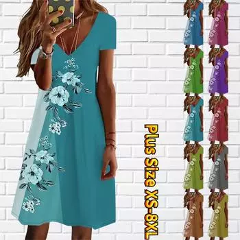 Летнее модное женское платье с V-образным вырезом и коротким рукавом с принтом цветов жасмина, сексуальное платье 7XL синий