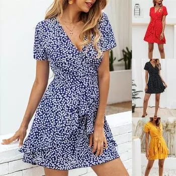 Летнее модное женское платье с v-образным вырезом и принтом в горошек и застежкой-молнией S чёрный