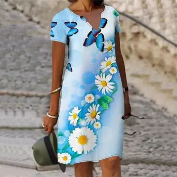 Летнее модное женское платье с V-образным вырезом, с коротким рукавом, с цветочным принтом и косыми линиями, свободное повседневное платье для женщин XS синий