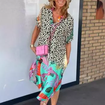 Летнее модное женское платье свободного кроя с полуоткрытым вырезом и принтом S цветной печати леопарда