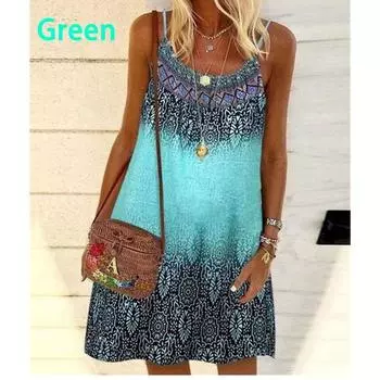 Летнее модное женское пляжное платье с винтажным принтом без рукавов, свободное платье на бретельках M зелёный
