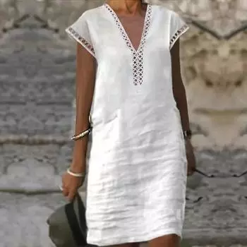 Летнее модное женское повседневное платье с V-образным вырезом, кружевное пэчворк, однотонное платье из хлопка и льна S белый