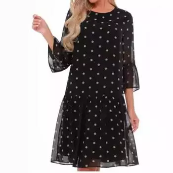 Летнее модное женское стильное универсальное платье с круглым вырезом и расклешенными рукавами S чёрный