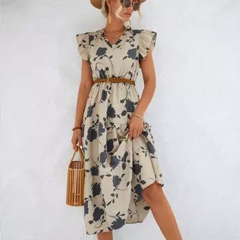 Летнее нежно-абрикосовое женское платье с V-образным вырезом и цветочным принтом, элегантное платье А-образного кроя с рукавами-крылышками для праздничного шика, Vestido De Mujer 25558 S чёрный