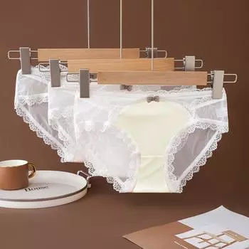 Летнее нижнее белье из высокоэластичной сетки, тонкие дышащие трусы, чистые полупрозрачные кружевные трусики с бантом M белый