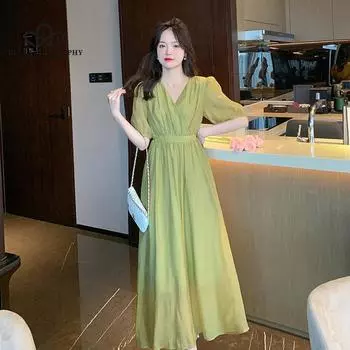 Летнее новое элегантное длинное платье во французском стиле с v-образным вырезом на шнуровке и высокой талией, утягивающее платье с узкой талией S зелёный