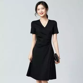 Летнее новое элегантное платье приталенного силуэта с V-образным вырезом черного цвета Black S