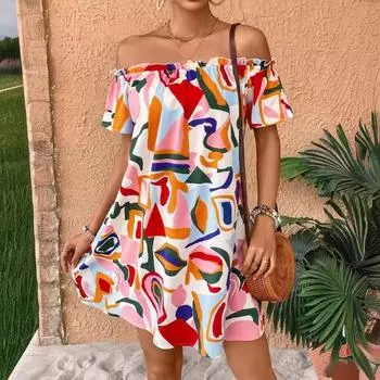 Летнее новое элегантное женское платье с принтом и открытыми плечами S