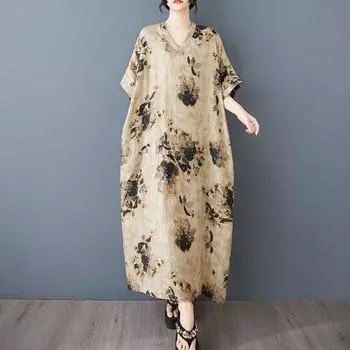 Летнее новое цветное ретро длинное платье с V-образным вырезом и цветочным принтом женское винтажное платье One Size