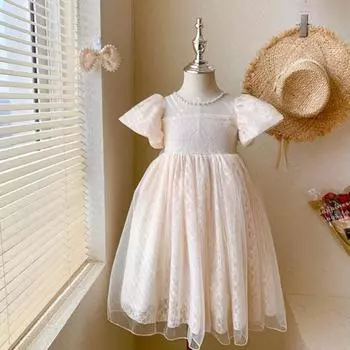 Летнее новое детское платье принцессы с короткими рукавами и бантом из газовой ткани 90cm абрикосовый