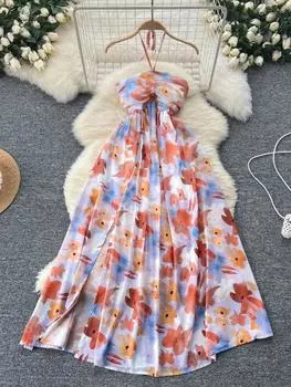 Летнее новое французское элегантное платье без рукавов на бретелях, женское дизайнерское шикарное облегающее вечернее платье с принтом, женское модное милое бальное платье для улицы S оранжевый