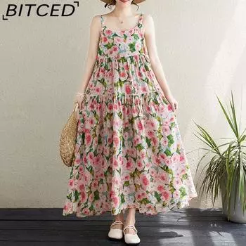 Летнее новое хлопковое и льняное тонкое длинное платье с принтом, платье-халтер, свободная тонкая большая юбка-свитер One Size