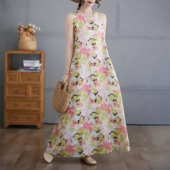 Летнее новое художественное принтованное круглое платье без рукавов для женщин M