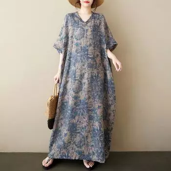 Летнее новое художественное ретро платье свободного кроя с принтом для мам среднего и пожилого возраста one size