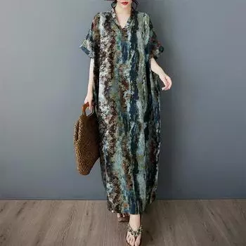 Летнее новое художественное ретро свободное повседневное платье с V-образным вырезом и короткими рукавами one size
