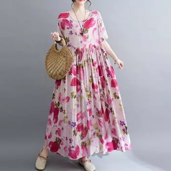 Летнее новое художественное свободное хлопковое льняное платье с короткими рукавами и принтом One size