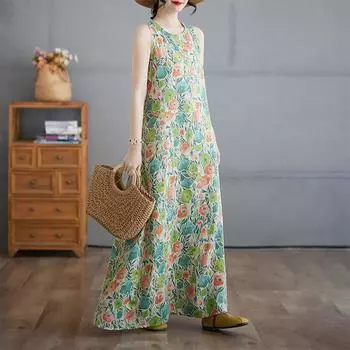 Летнее новое художественное свободное платье с круглым вырезом без рукавов для женщин, винтажные длинные платья M