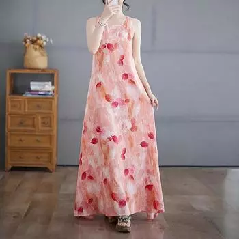 Летнее новое художественное свободное платье с круглым вырезом и без рукавов для женщин, длинное платье M
